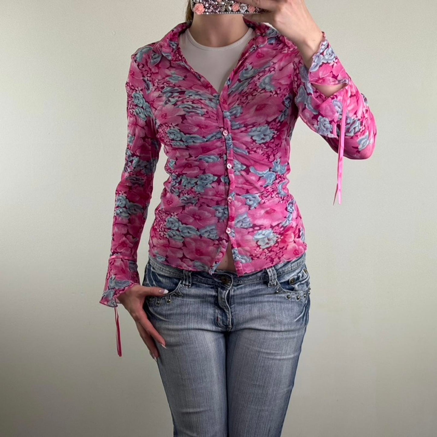 Y2K vintage Per Una mesh long sleeve top button up sheer floral bows ruched