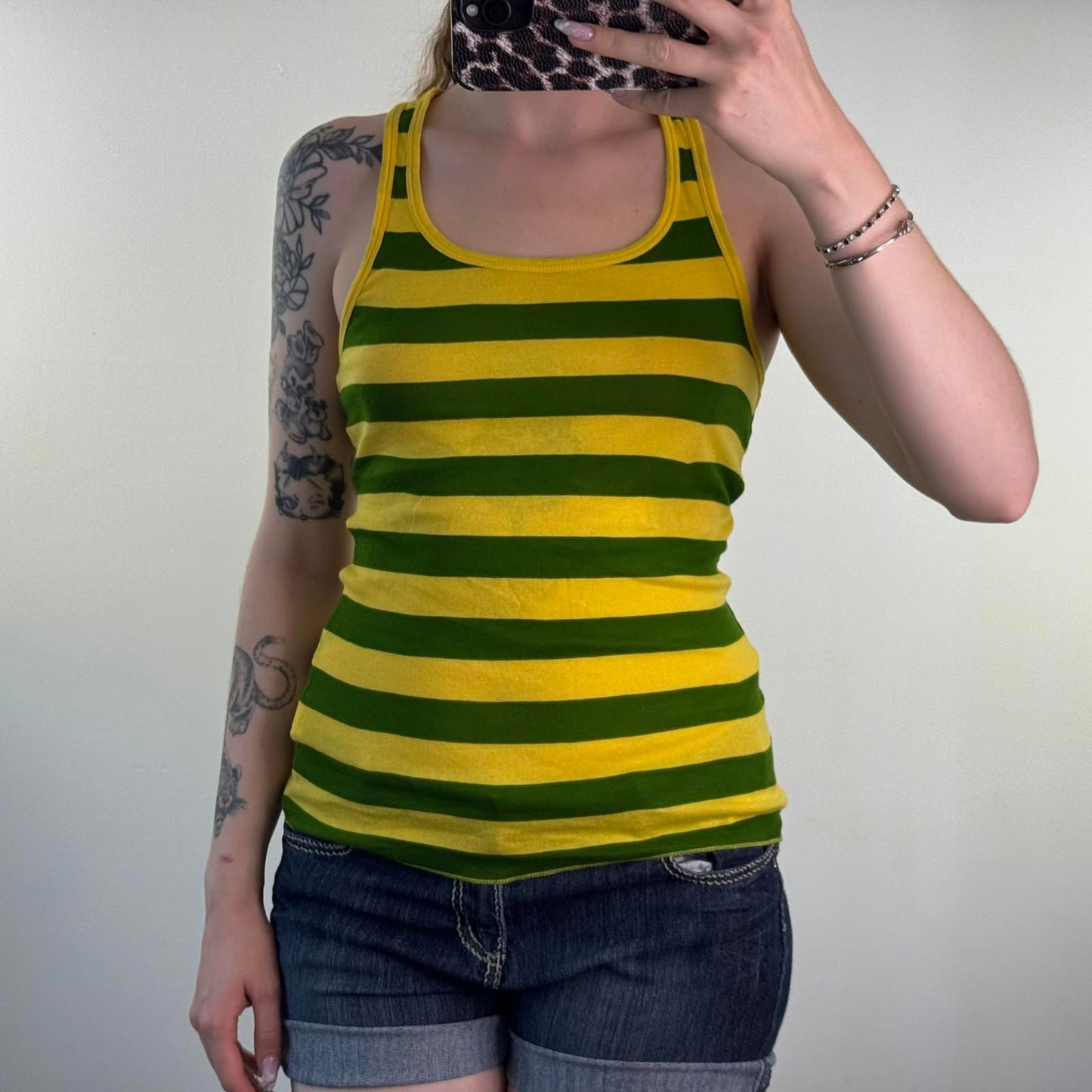 Y2K vintage stripe tank top racerback yellow green round neck