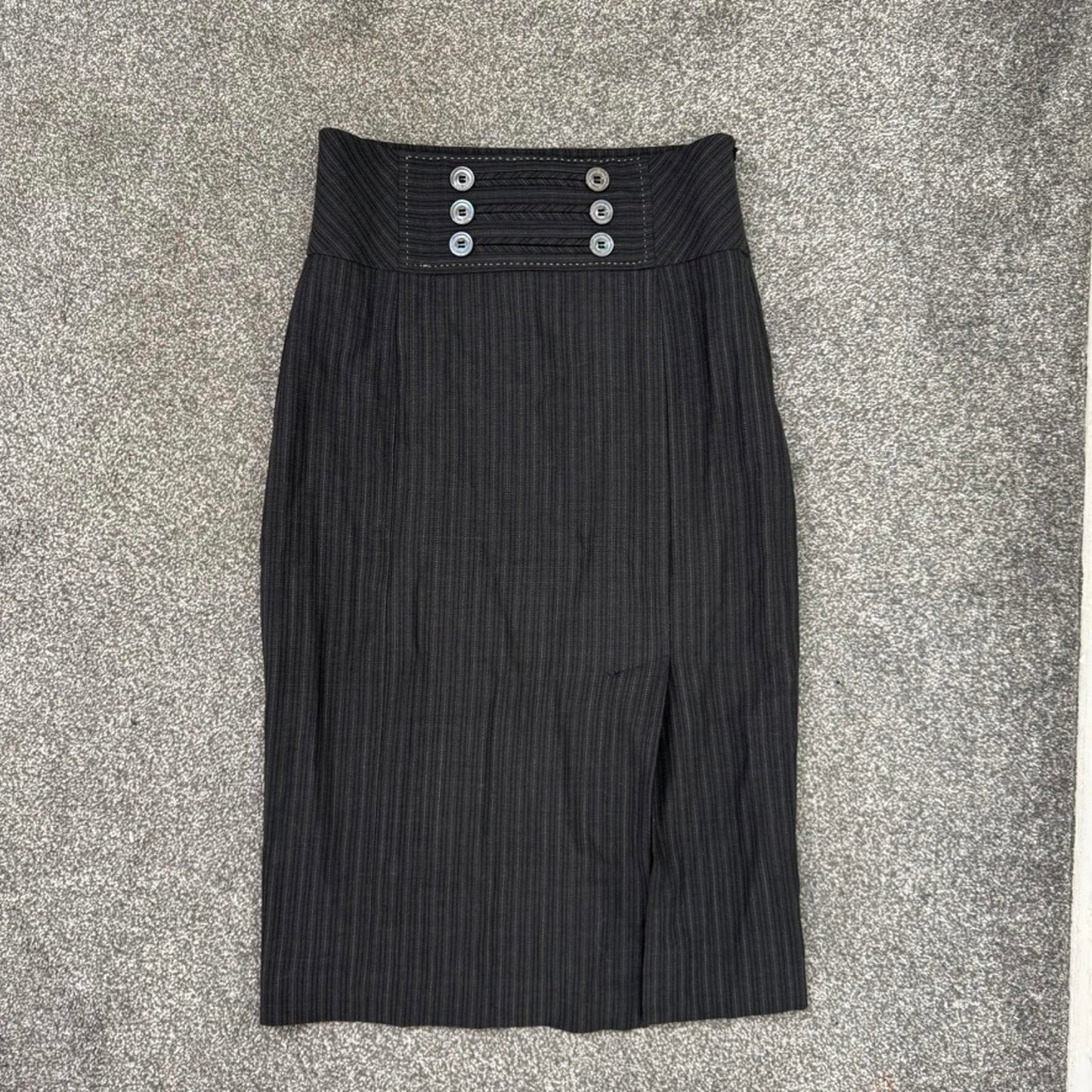 Y2K vintage Karen Millen wool cashmere pinstripe midi skirt buttons tailored