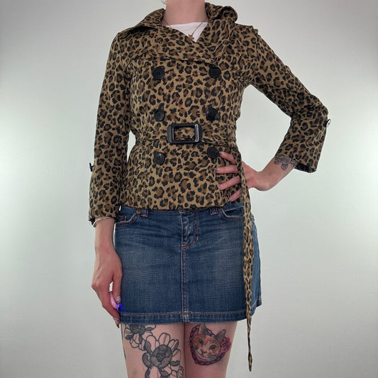 Leopard print button up belt short trench coat jacket