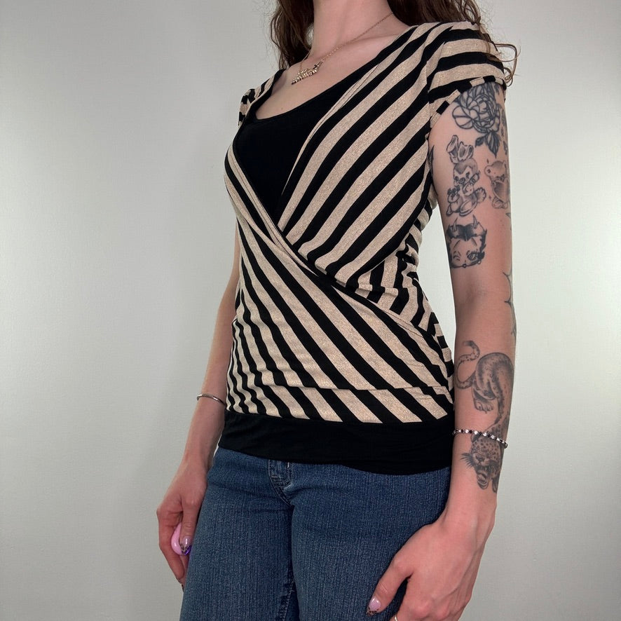 Y2K vintage striped sparkly wrap around top