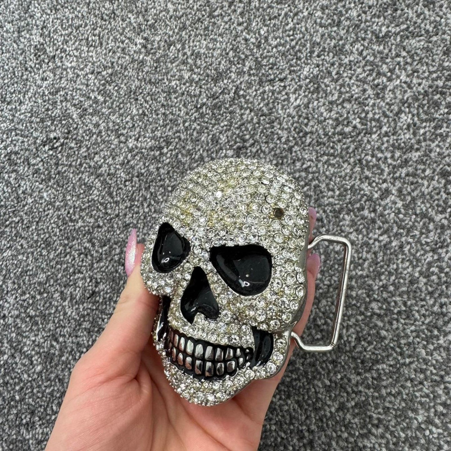 Y2K vintage skull rhinestone belt buckle mcbling embellished oversized chunky