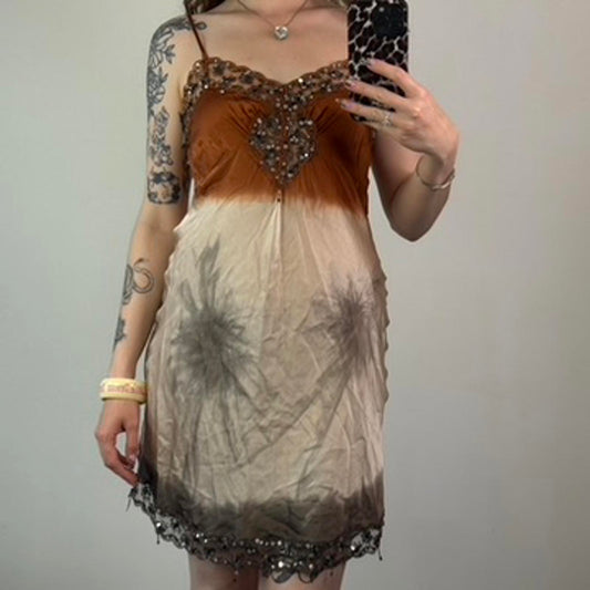 Y2K vintage Pinko 100% silk ombre sequin beaded embellished mini dress lace trim