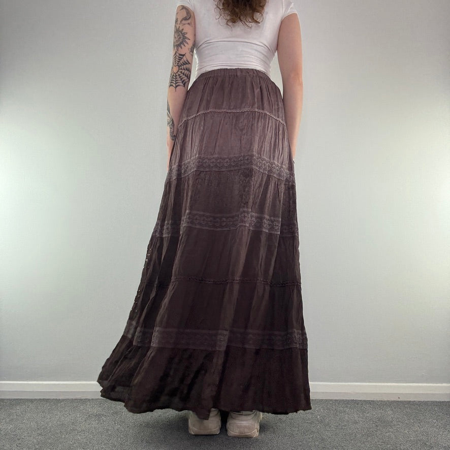 Y2K vintage boho ombre lace sequin trim maxi skirt