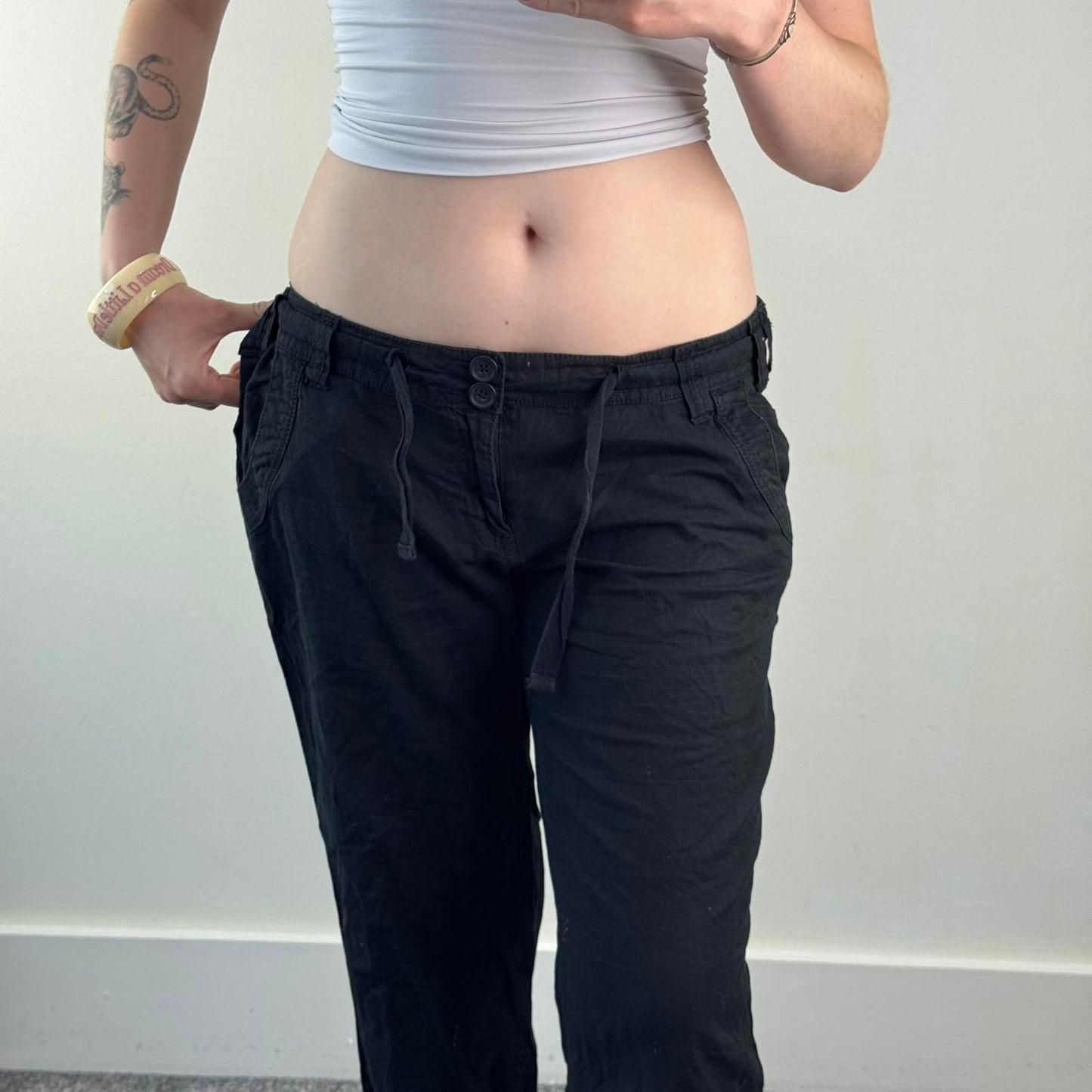 Y2K vintage linen mix low rise cargo pants baggy trousers black drawstring flare