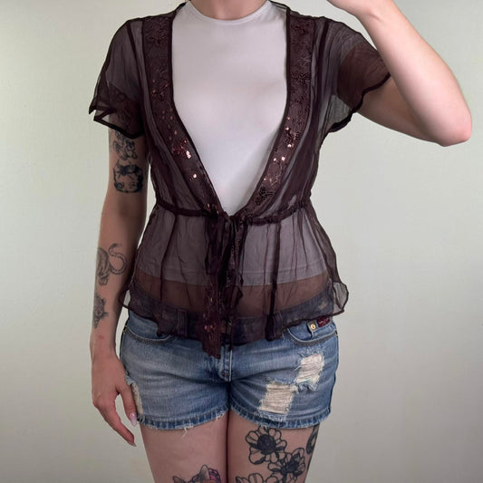 Y2K vintage 100% pure silk sheer blouse short sleeve cardigan shrug floral