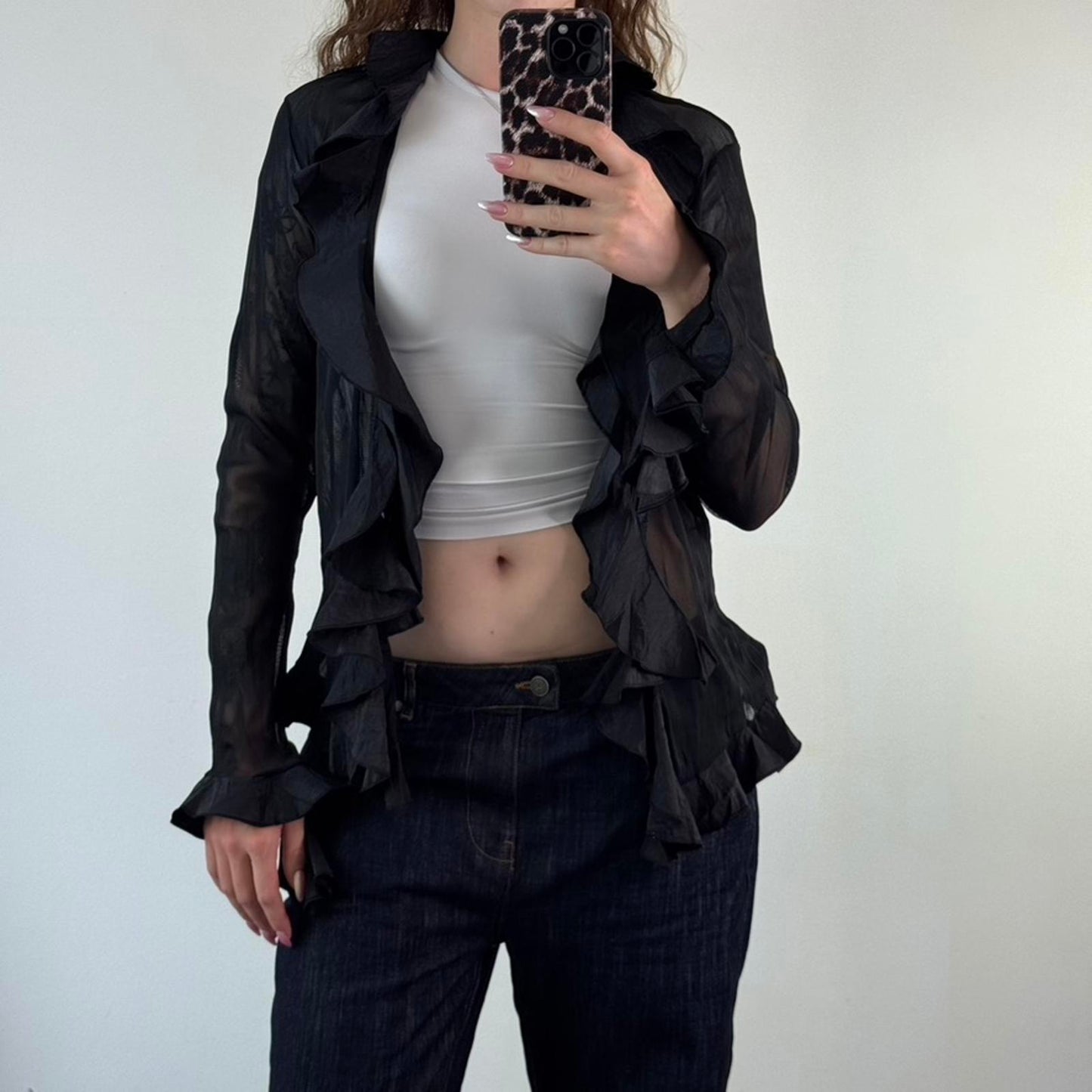 Y2K vintage sheer ruffle cardigan button up flare bell sleeve black v neck