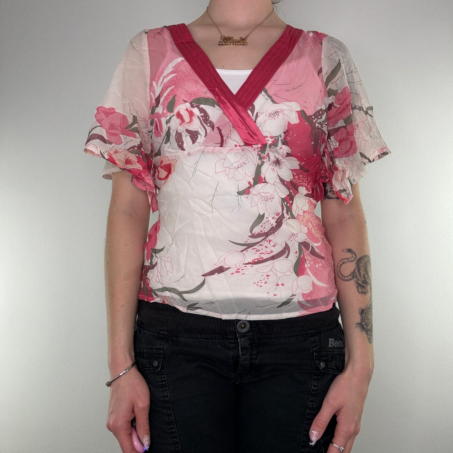 Y2K silk floaty floral sheer top