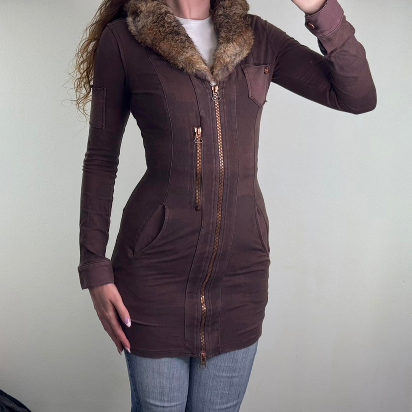 Y2K vintage genuine lapin rabbit fur fitted zip up hoodie camo print archive