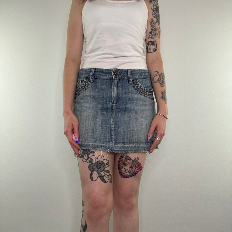 Y2K vintage studded embroidery faded denim low rise mini skirt