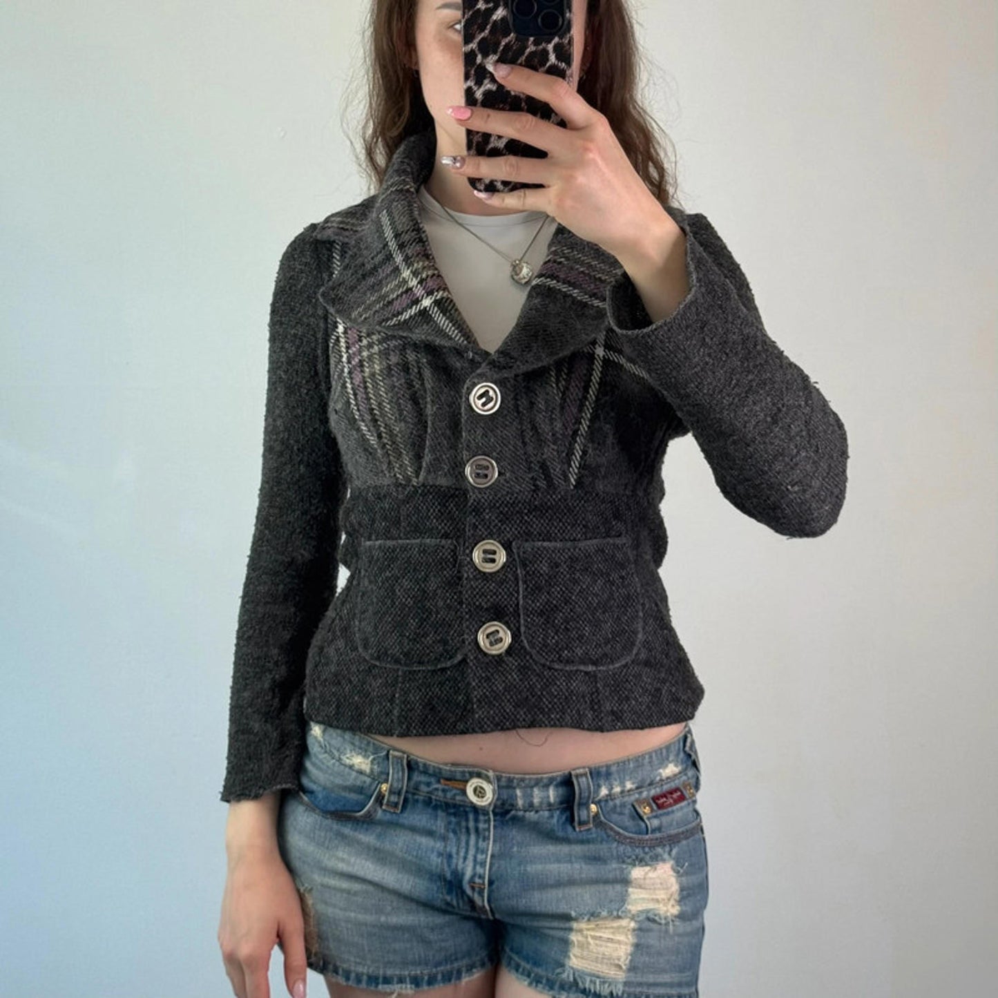 Y2K vintage archive tartan plaid button up wool blazer jacket fitted tailored