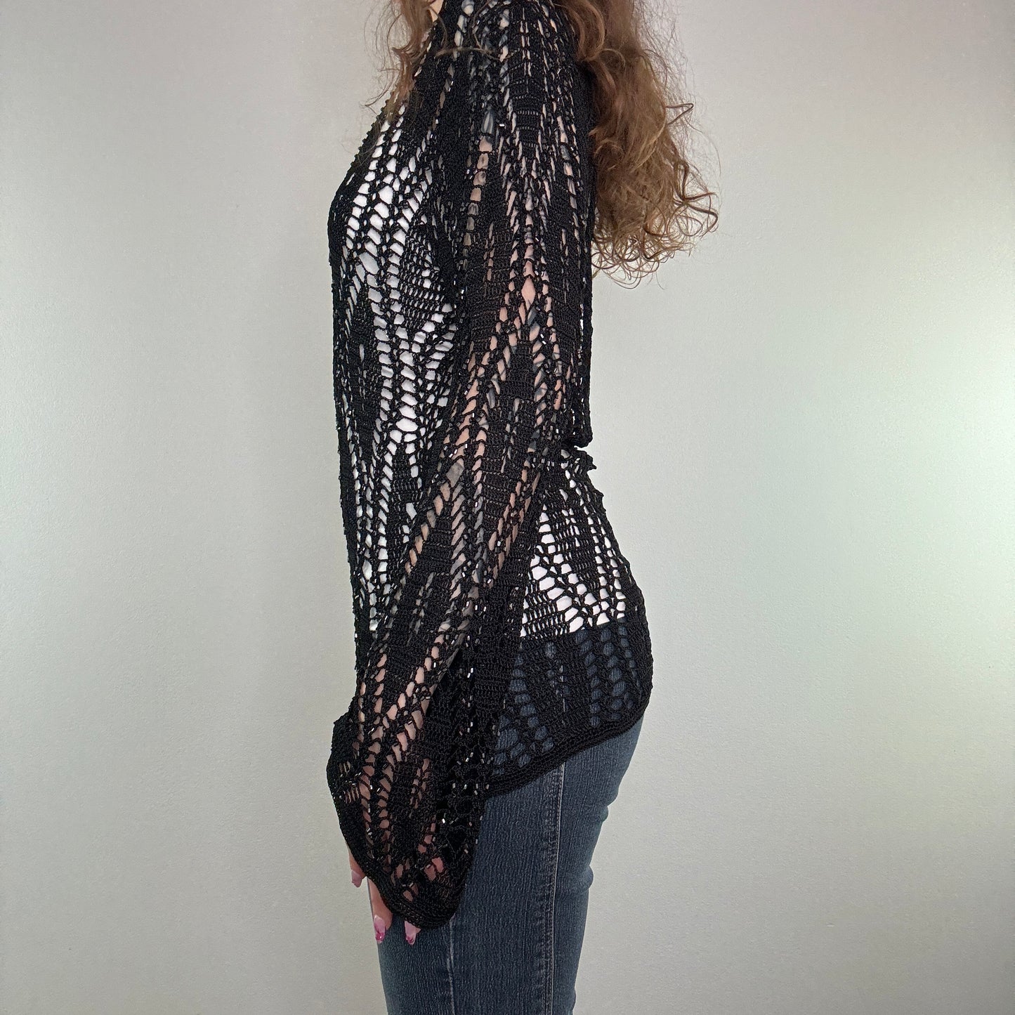 Y2K crochet flared long sleeve top