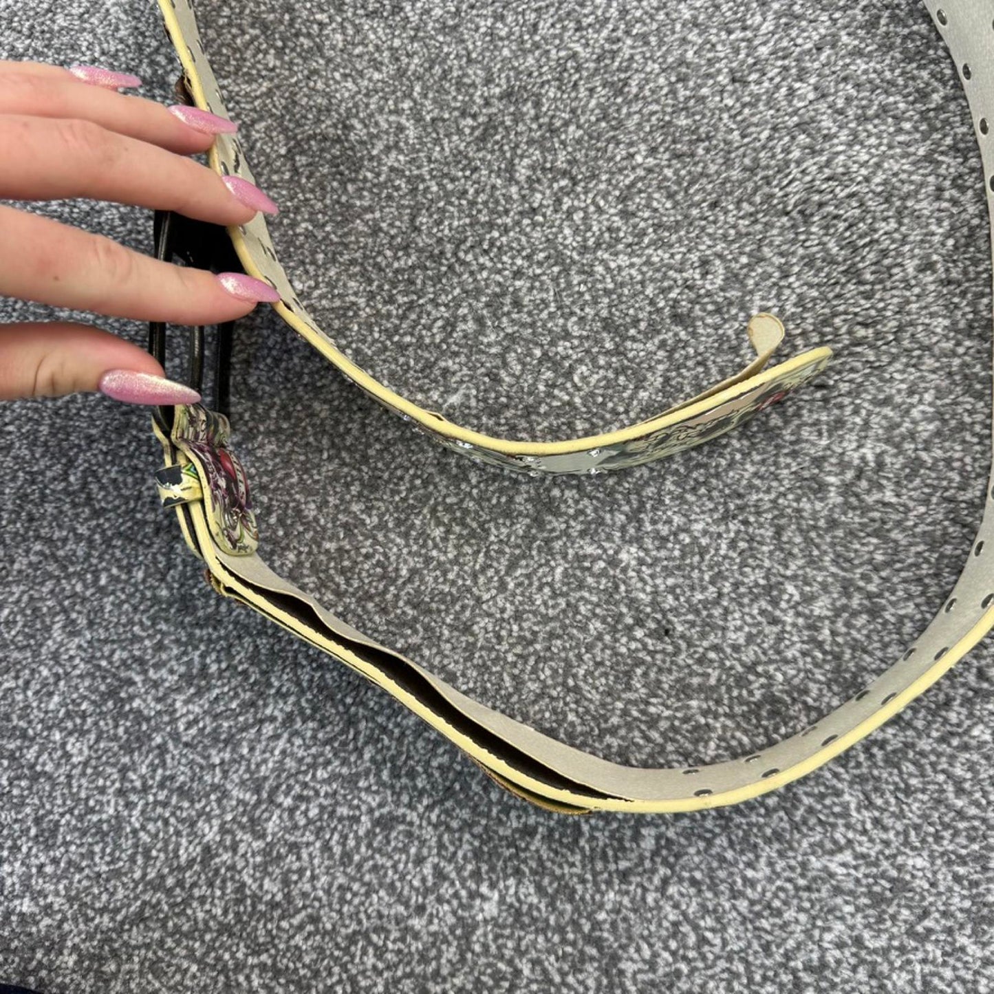 Y2K vintage Ed Hardy faux leather rhinestone belt silver buckle skull heart