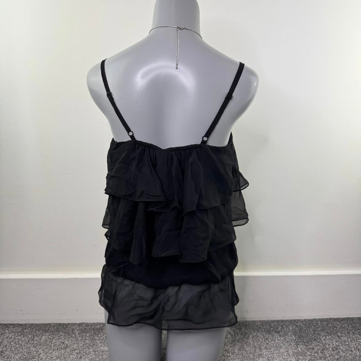 Y2K vintage 100% silk cami top ruffle elastic hem strappy bow layered tiered