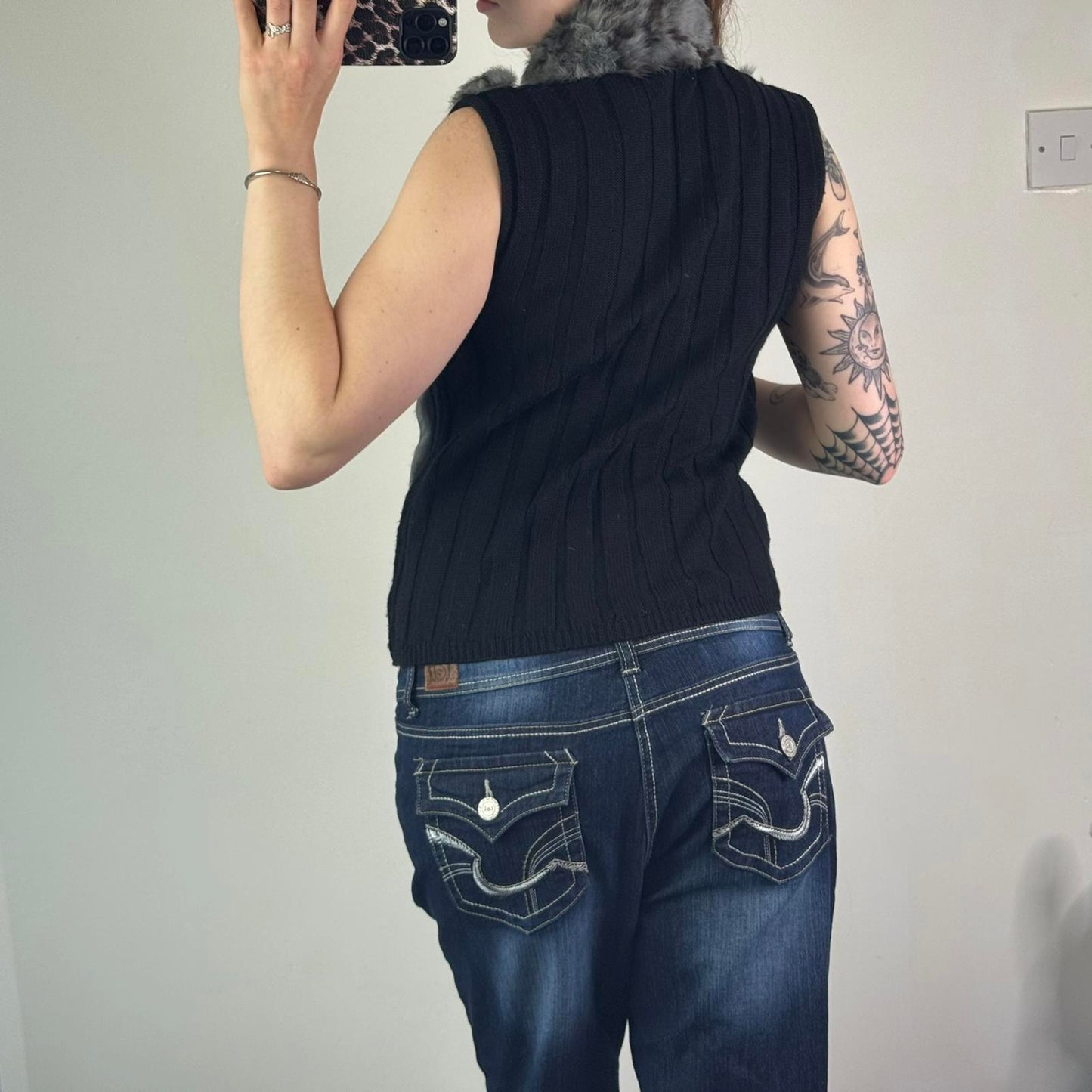 Y2K vintage genuine fur stripe knit sleeveless jacket zip up gilet polka dot