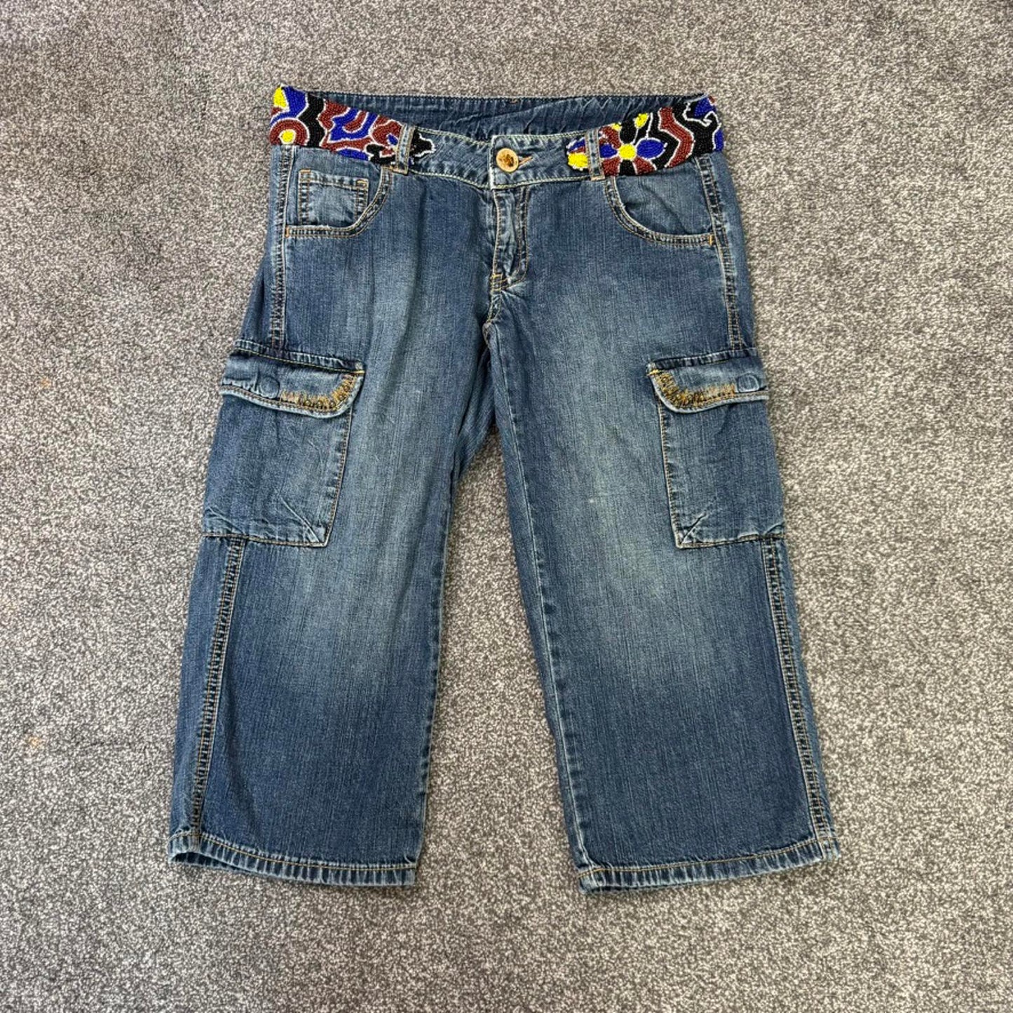 Y2K vintage low rise capri jeans baggy beaded embellished waistband cargo jorts