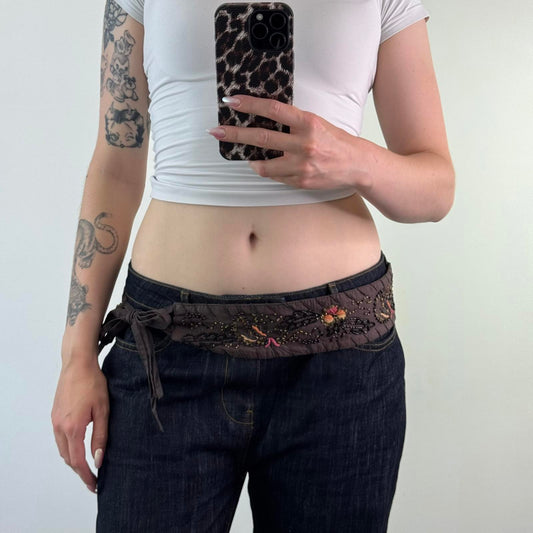 Y2K vintage adjustable floral belt sequin embroidery boho festival tassel bow