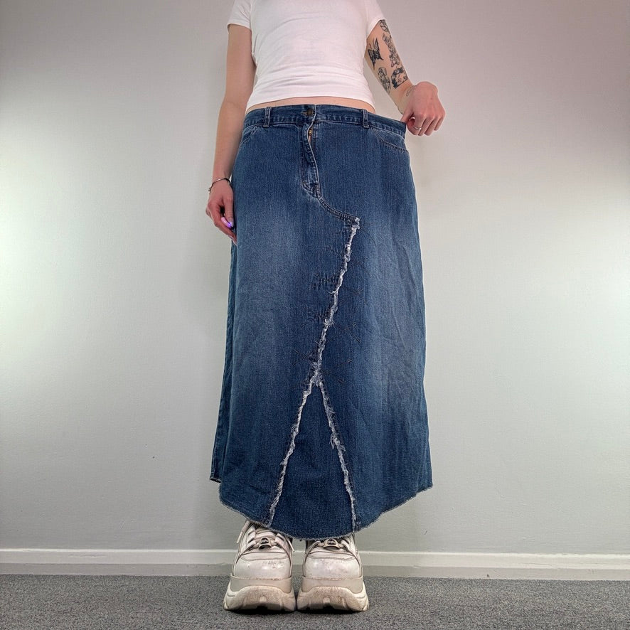 Y2K vintage denim reworked fraying hem maxi skirt