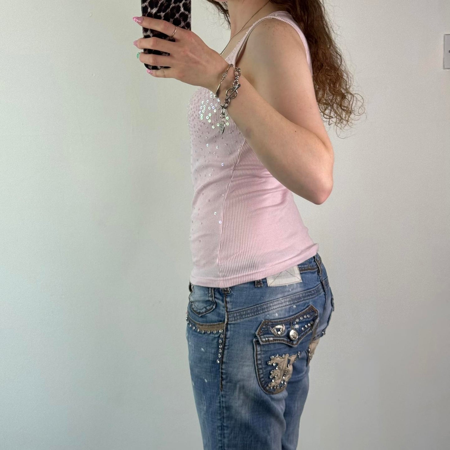 Y2K vintage sequin beaded embellished ribbed tank top round neckline baby pink