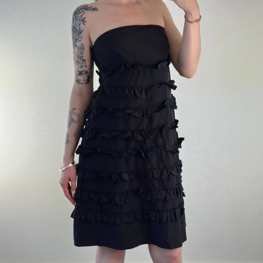 Y2K vintage Gap part silk ruffle strapless midi dress a line tiered black