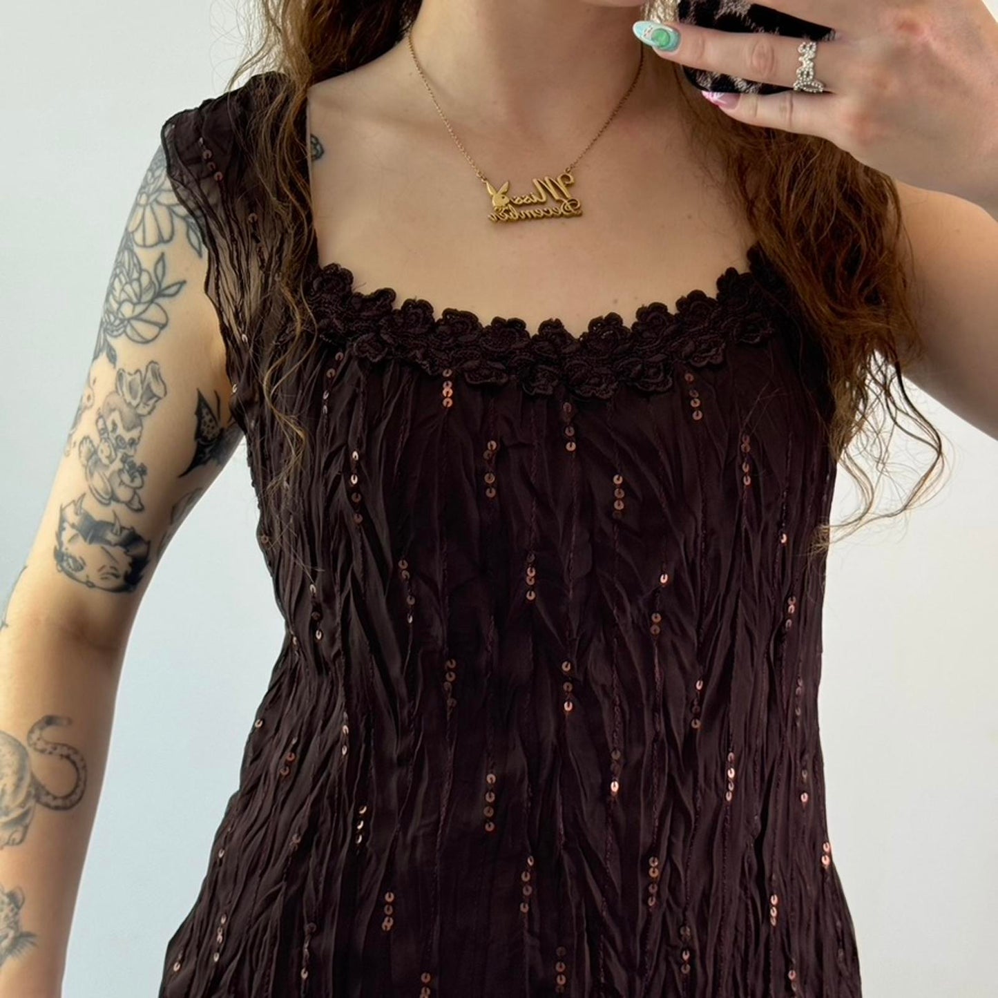 Y2K vintage crinkle sequin sheer cap sleeve top lace scoop neckline