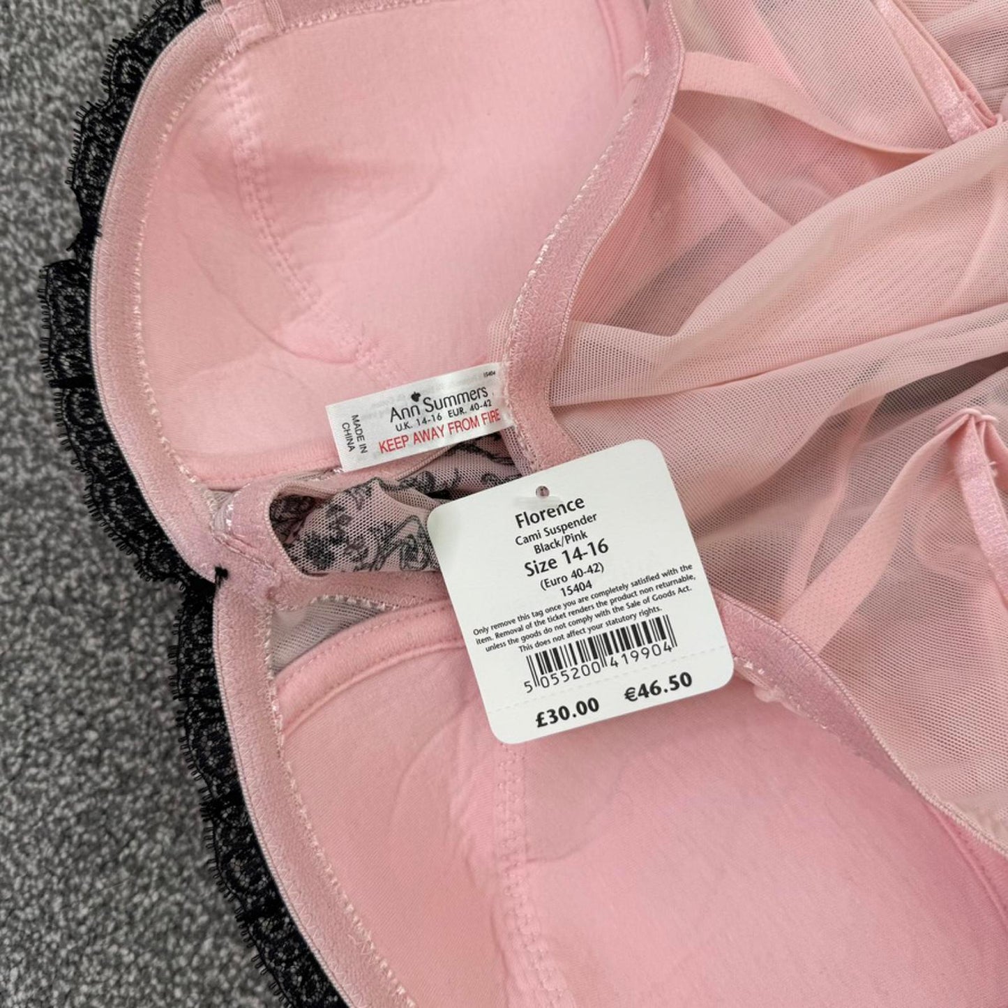 Y2K vintage Ann Summers mesh babydoll filigree baby pink black with suspenders