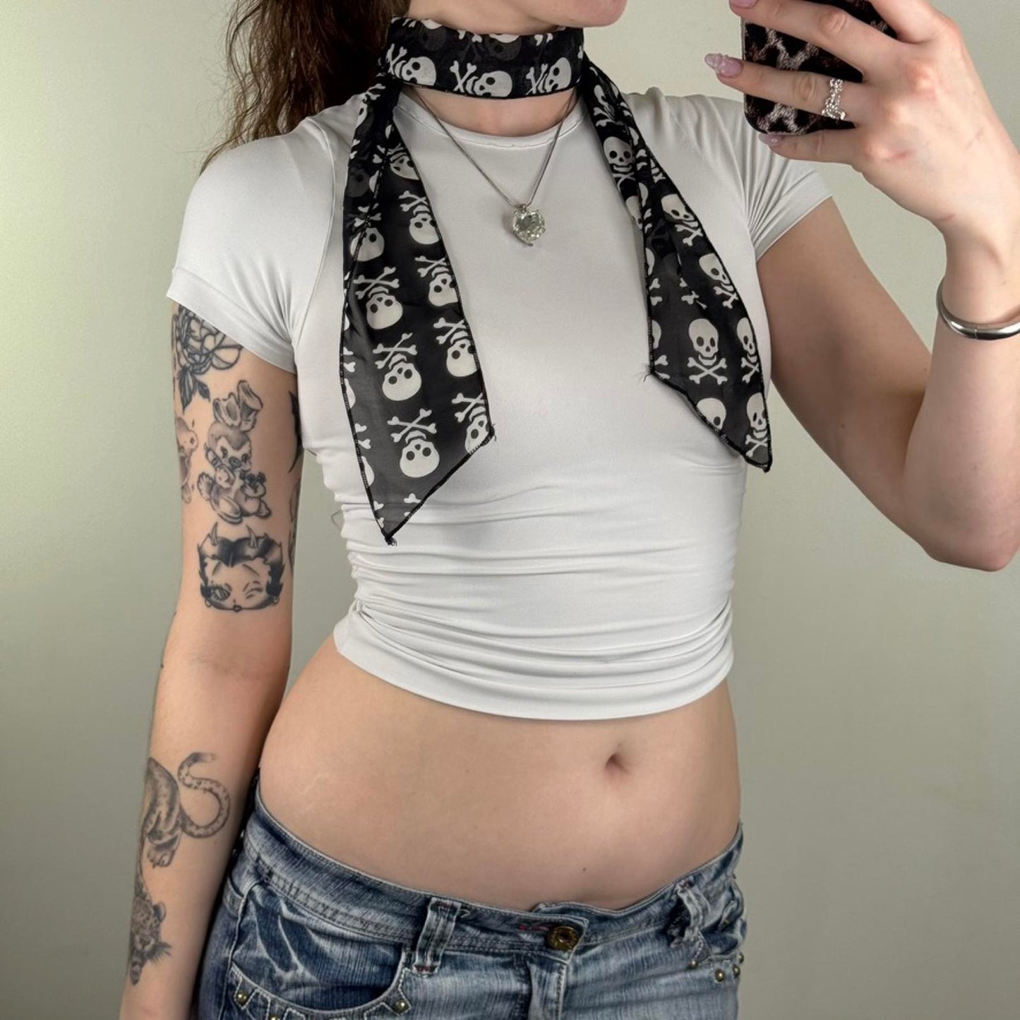 Y2K vintage sheer skull mini scarf short black white lightweight