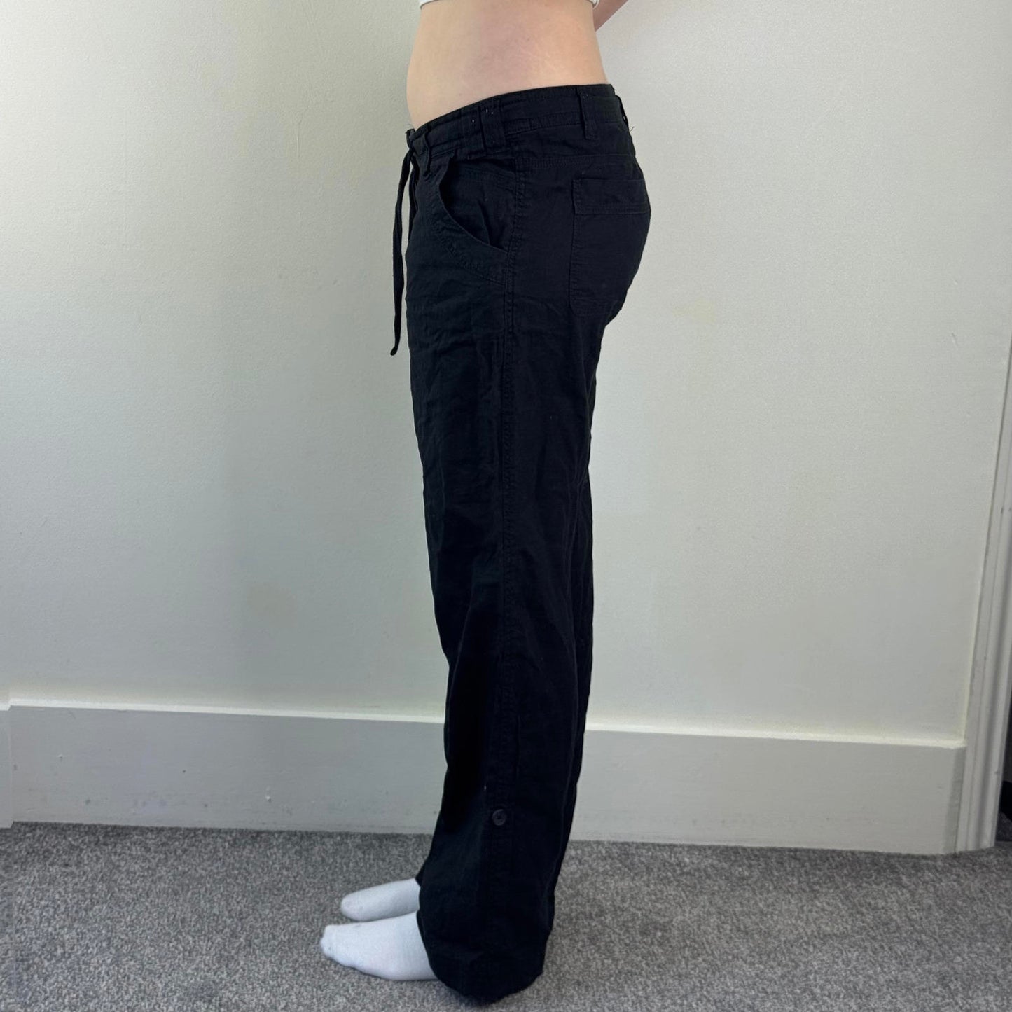 Y2K vintage linen mix low rise cargo pants baggy trousers black drawstring flare