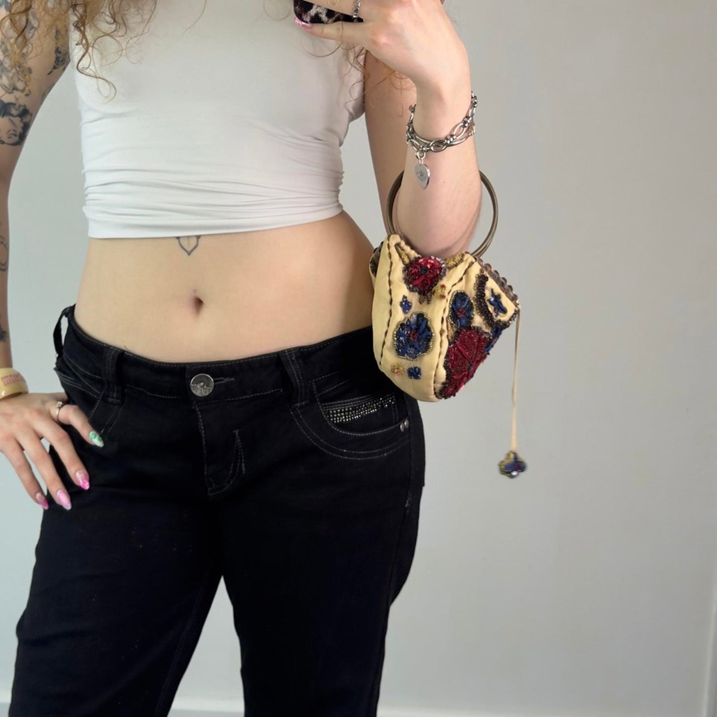 Y2K vintage silk sequin floral beaded embroidered mini micro handbag o ring boho