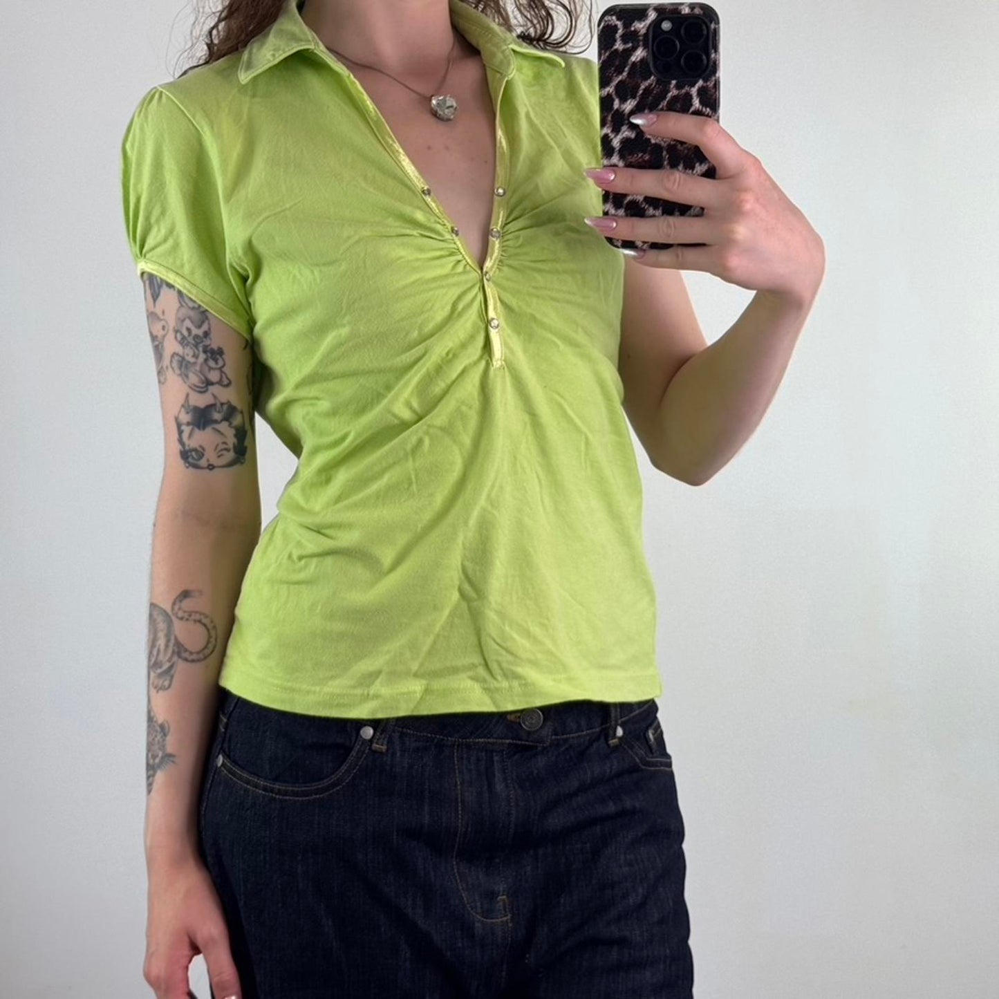 Y2K vintage ruched button up short sleeve polo t shirt bright green v neck