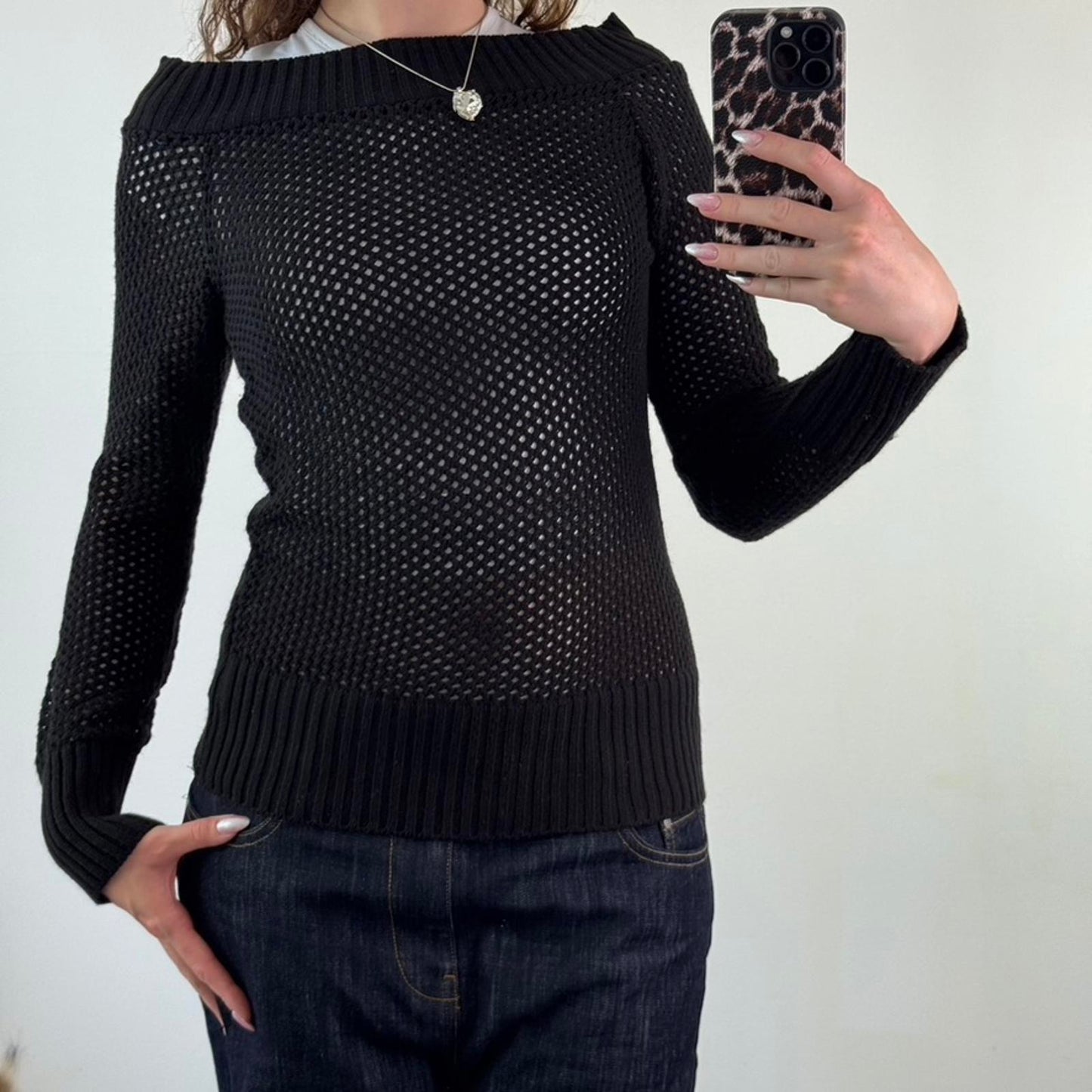 Y2K vintage perforated knitted sheer jumper open neck black