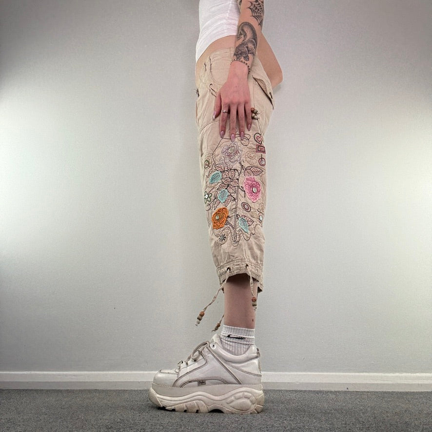 Y2K low rise floral embroidered capri cargo trousers