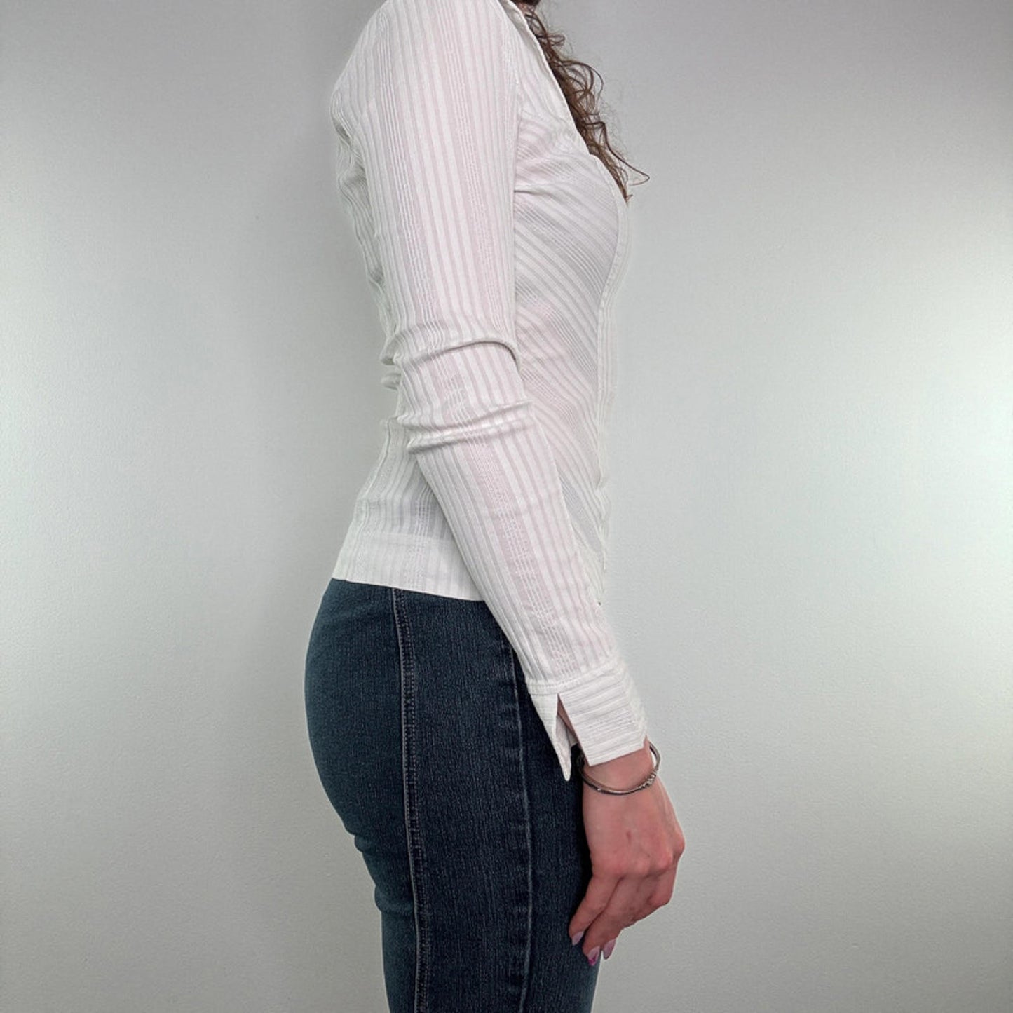 Y2K vintage fitted long sleeve shirt sparkly v neck collared stretchy sheer