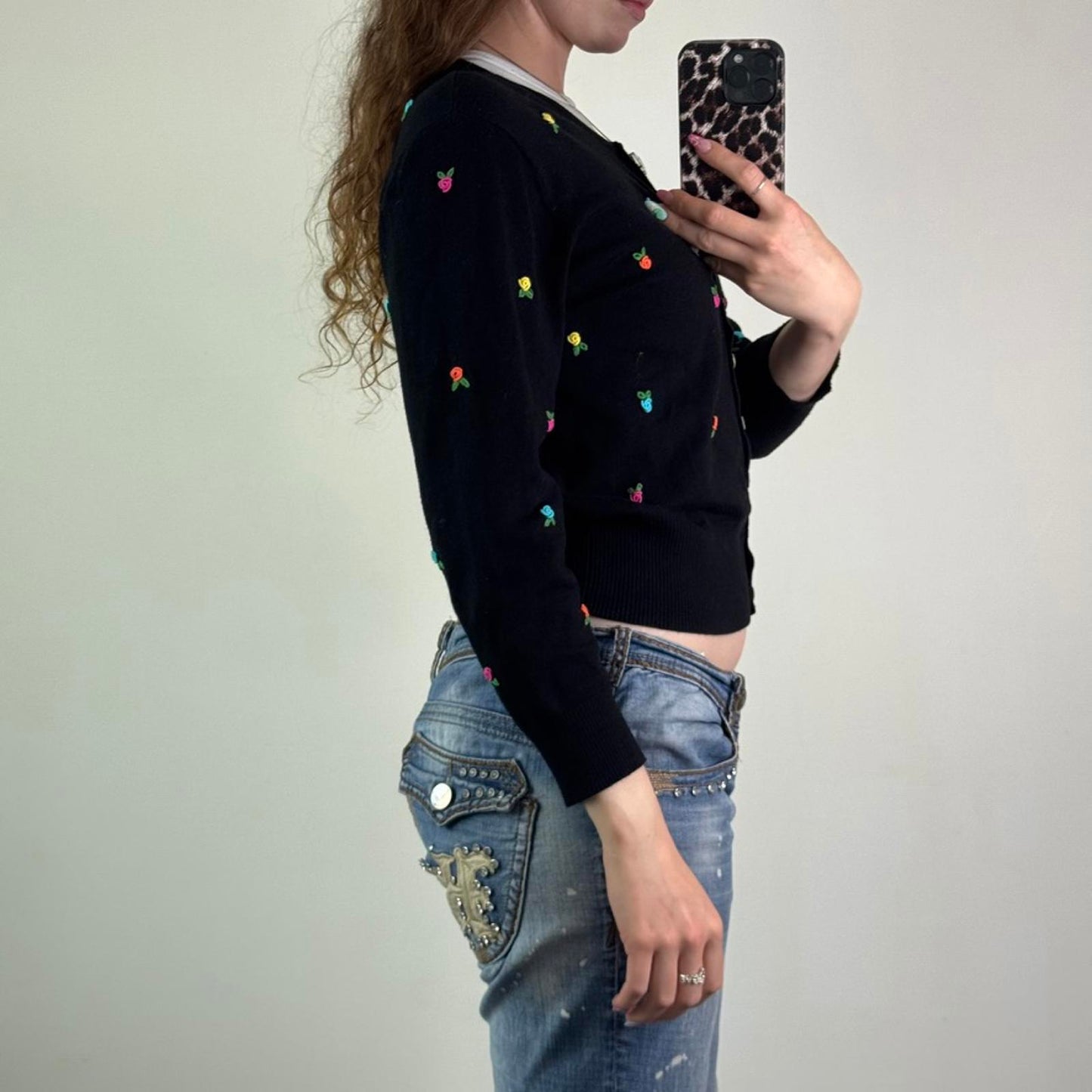 Y2K vintage button up knit floral rose 3D embroidered long sleeve cardigan