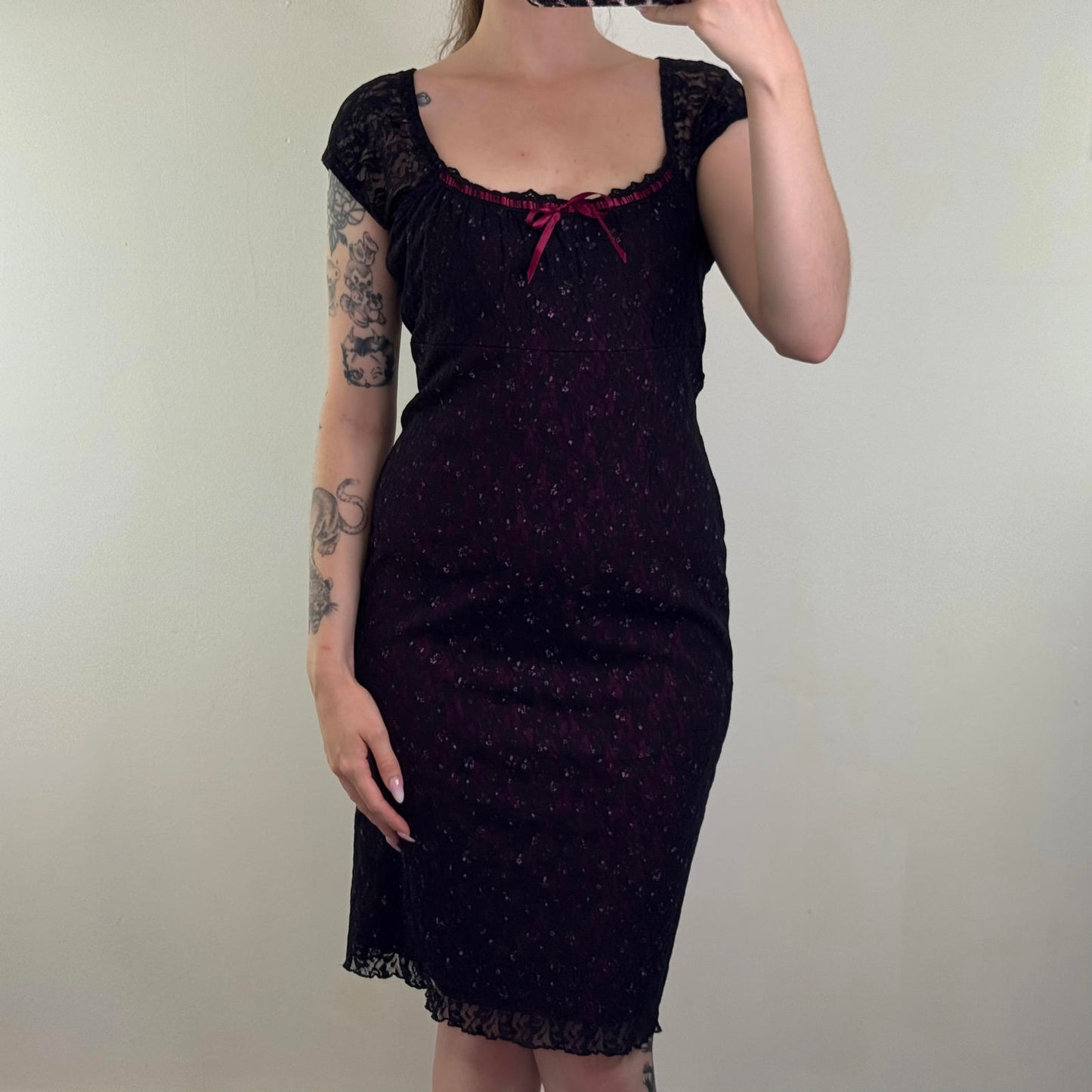 Y2K vintage lace milkmaid midi dress cap sleeve ditsy floral bow scoop neck