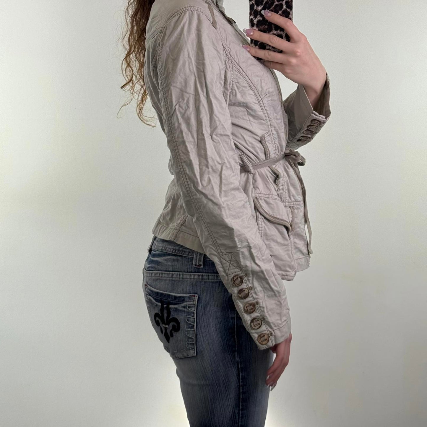 Y2K vintage lightweight button up jacket funnel high neck zip buttons tie belt