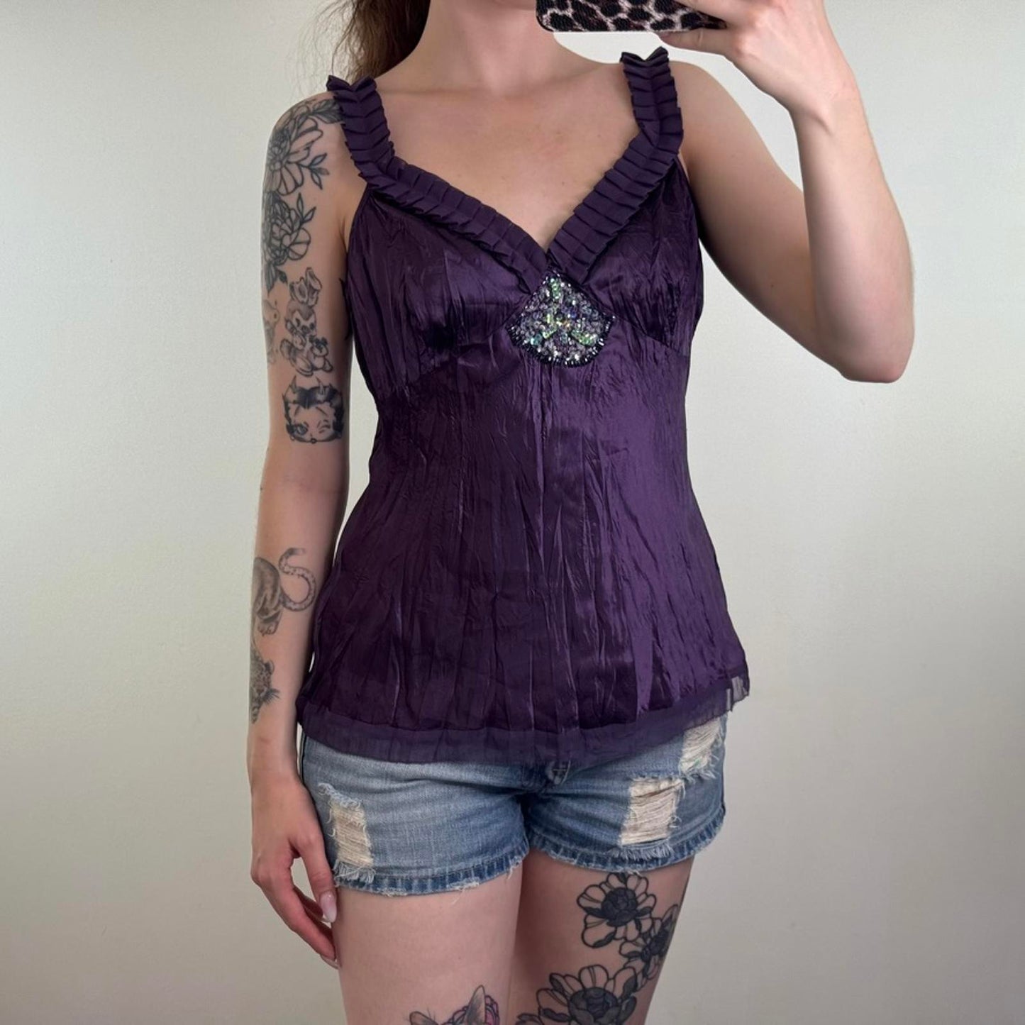 Y2K vintage satin crinkle cami top sequin embellished v neck flowy