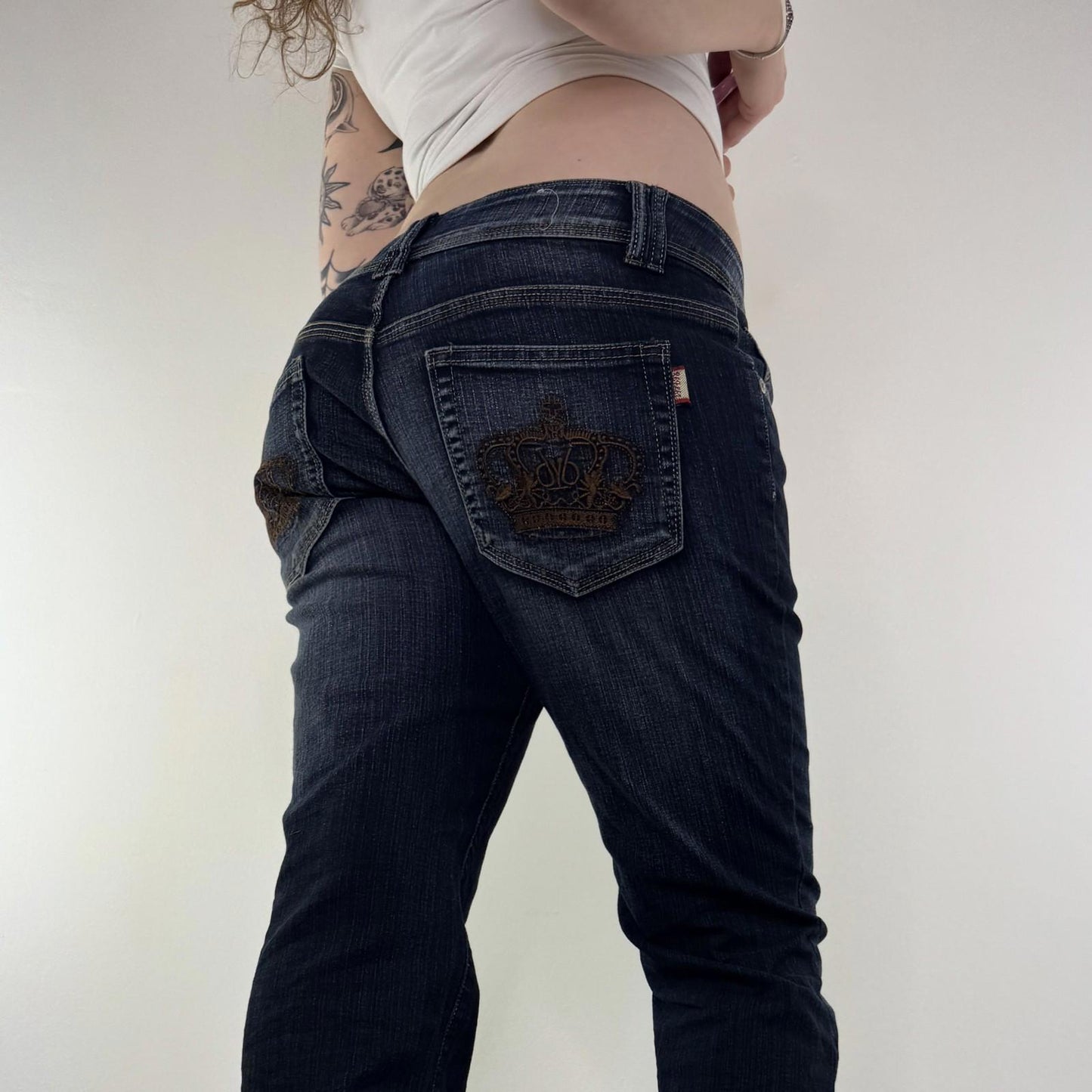 Y2K vintage low rise crown embroidered bootcut denim jeans dark blue faded