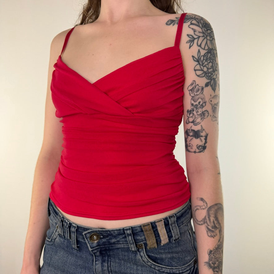 Y2K vintage red mesh ruched cami top