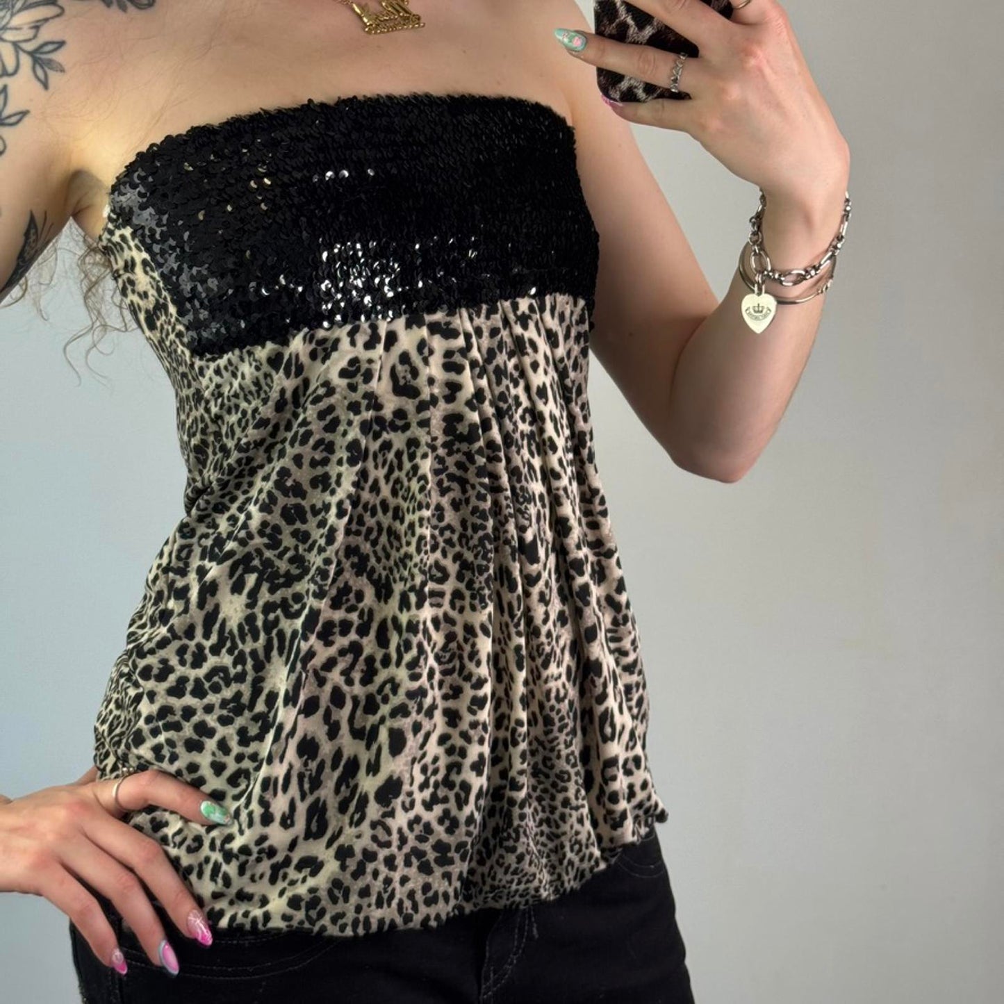 Y2K vintage strapless sequin leopard print top longline peplum ruched stretchy