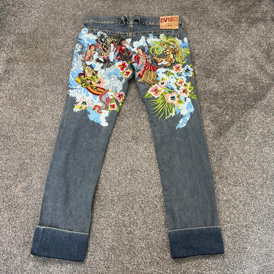 Y2K vintage Evisu super low rise capri jeans embroidery pattern faded denim wash