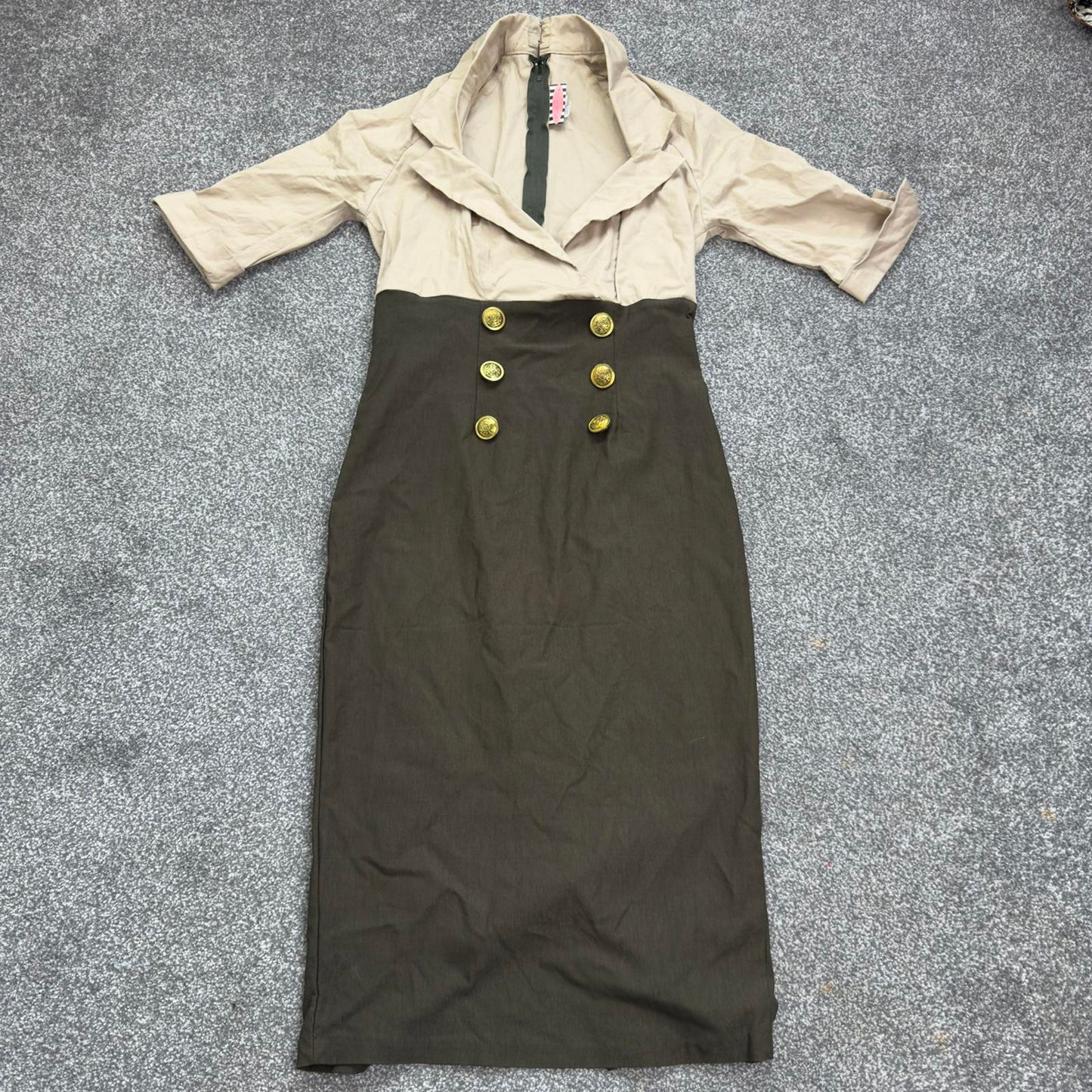 Pinup Couture military dress midi rockabilly stretchy fitted khaki beige