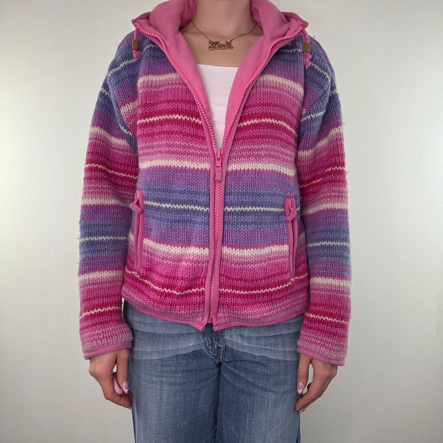 Pachamama wool knit hoodie fleece lined zip up stripe