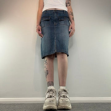 Y2K cargo faded denim midi skirt