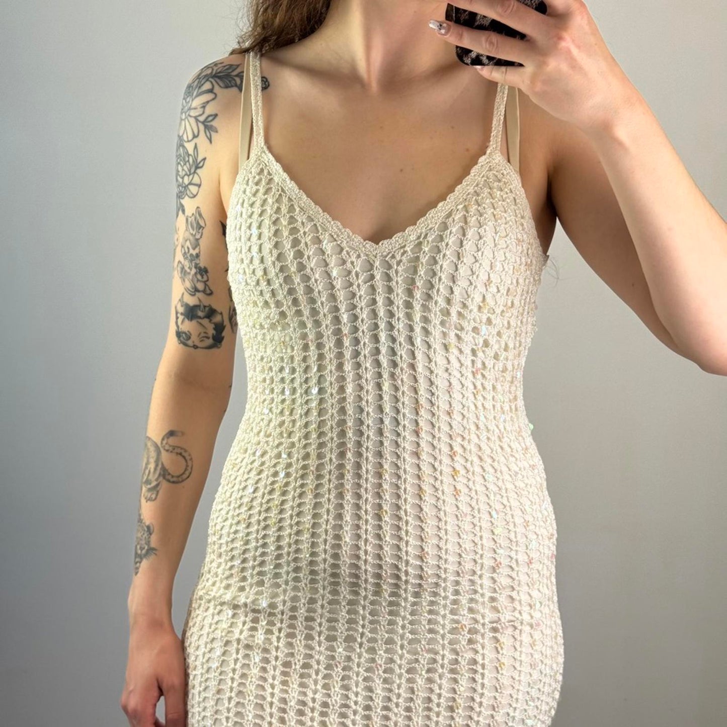 Y2K vintage sequin crochet midi dress v neck strappy knee length summer holiday
