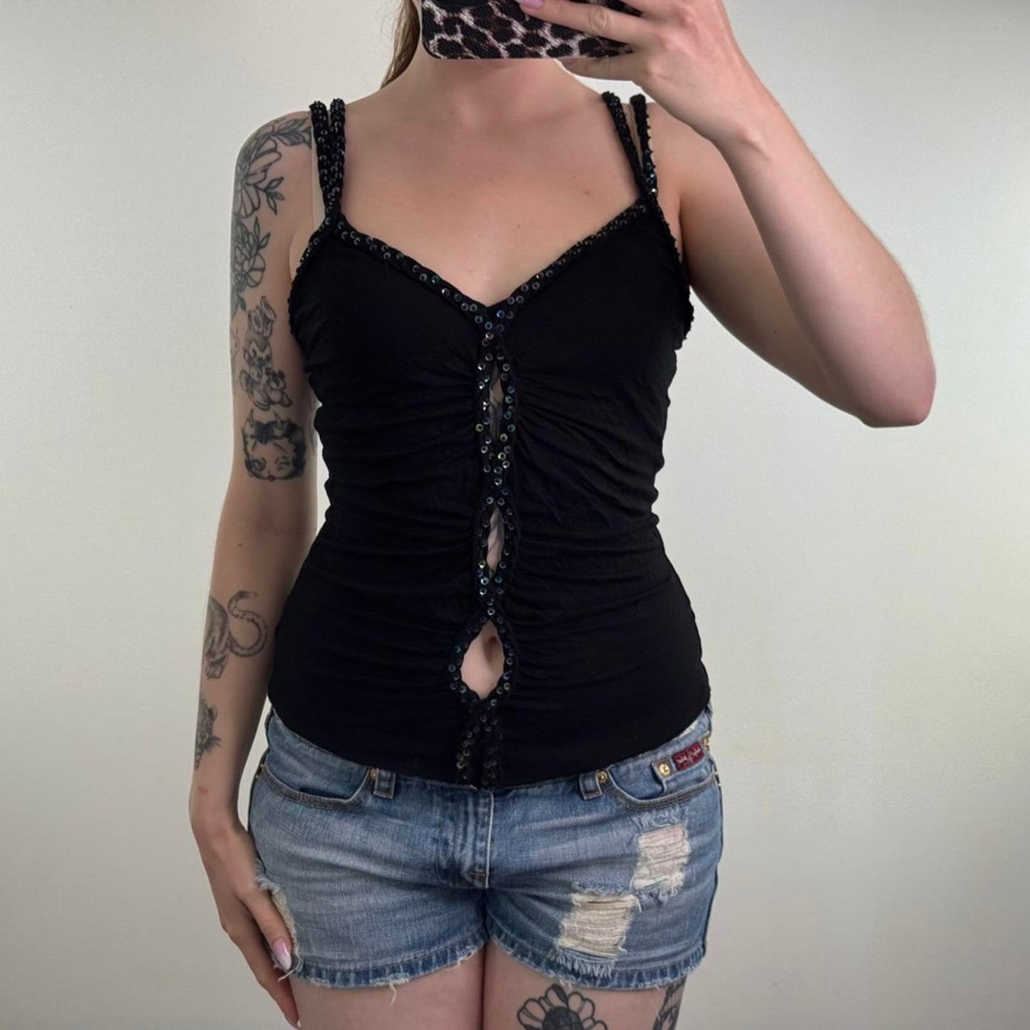 Y2K vintage cut out sequin tank top cami ruched keyhole v neck strappy stretchy