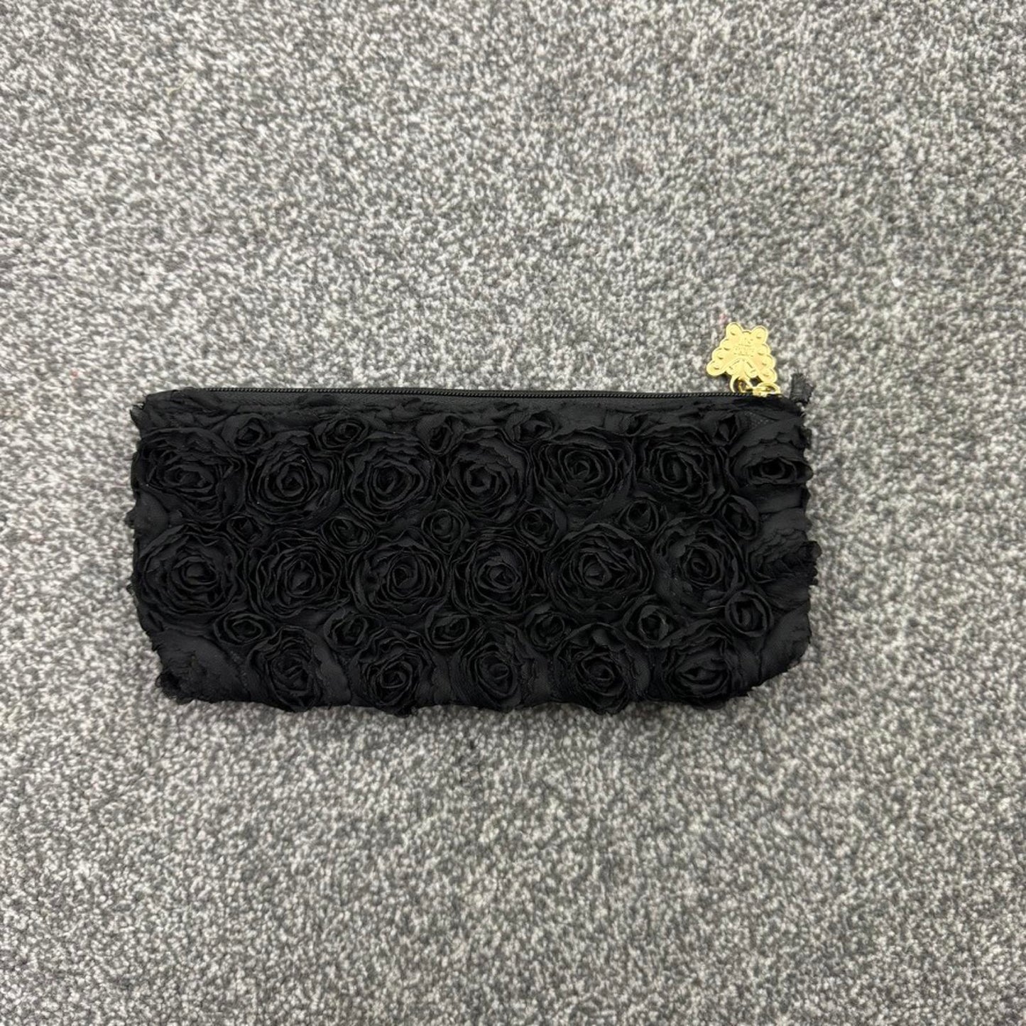 Anna Sui 3D rose floral makeup bag cosmetic gold butterfly zipper closure