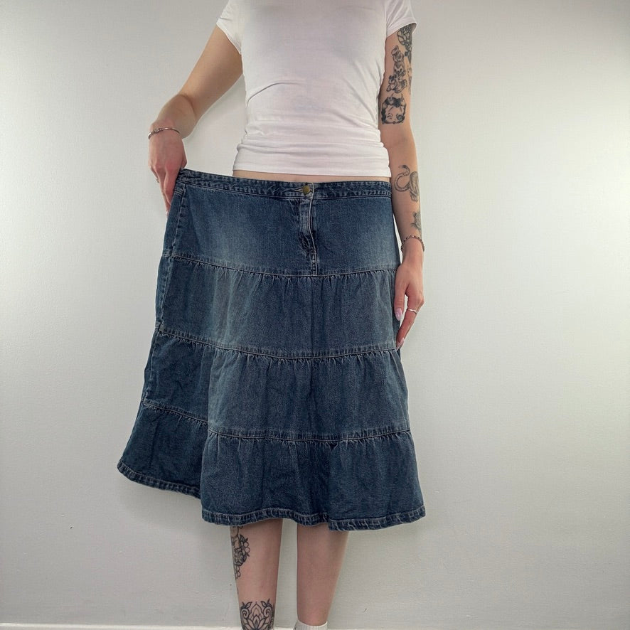 Y2K tiered faded denim midi skirt