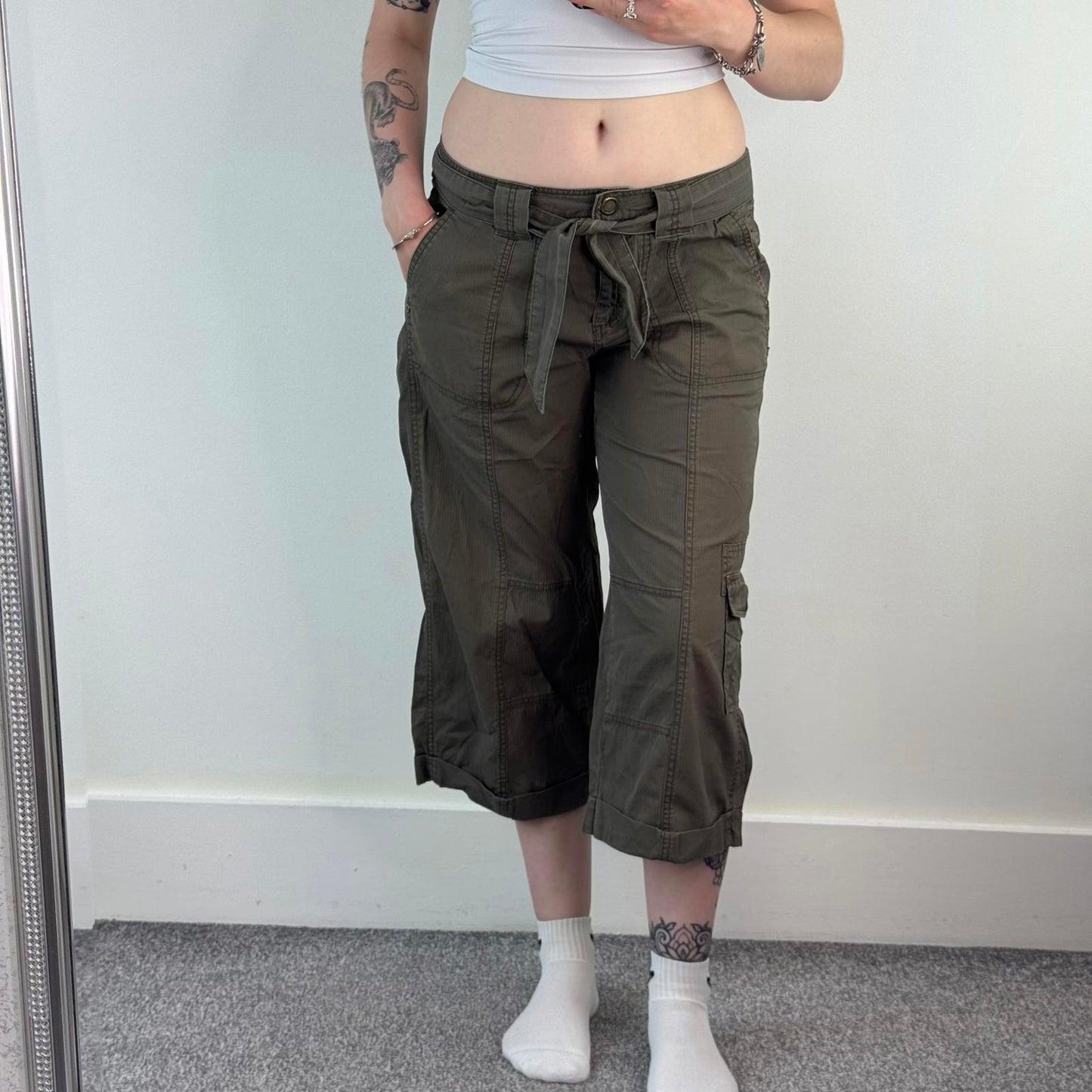 Y2K vintage mid rise stripe cropped capri cargo trousers tie bow belt pockets