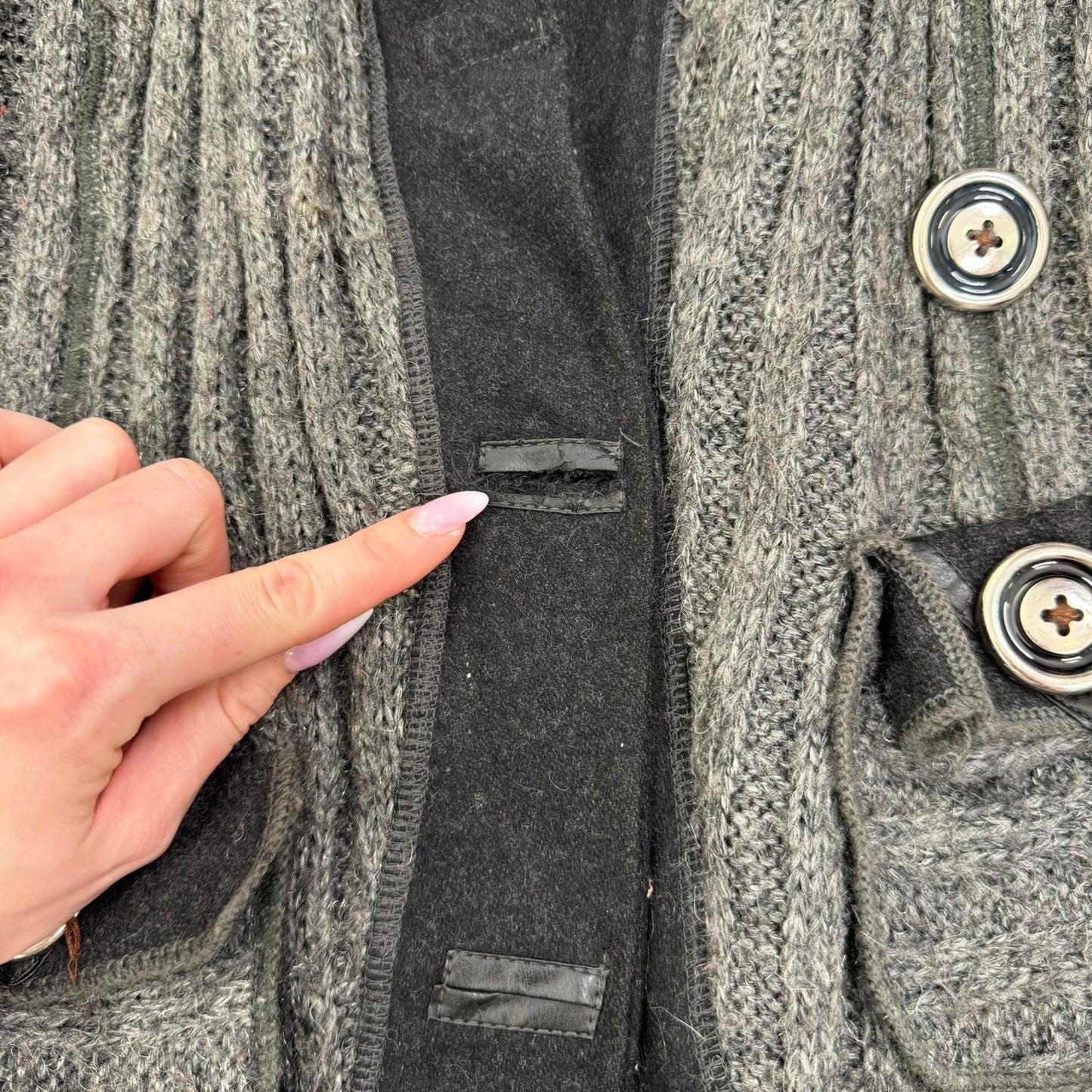 Y2K vintage mohair blend cardigan ribbed mid length v neck black grey fitted